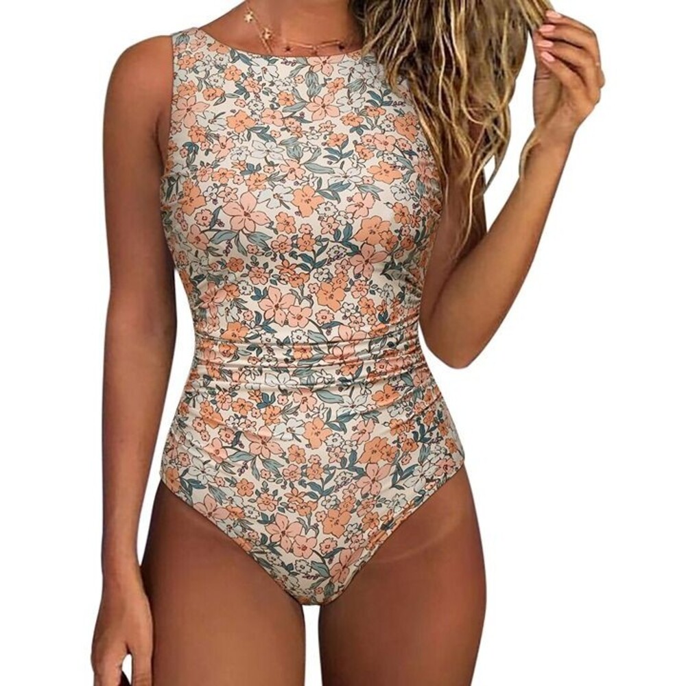 One Piece Tummy Control Swimsuit Ruched High Neck Slimming Swimwear Floral XL